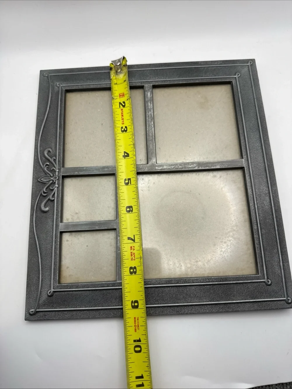 VTG Pewter Frame 9”x9.5” Hold 5 Photos 2- 2x 1.5 & 2- 2 3/8 x 1.75 1- 4x3 Scroll